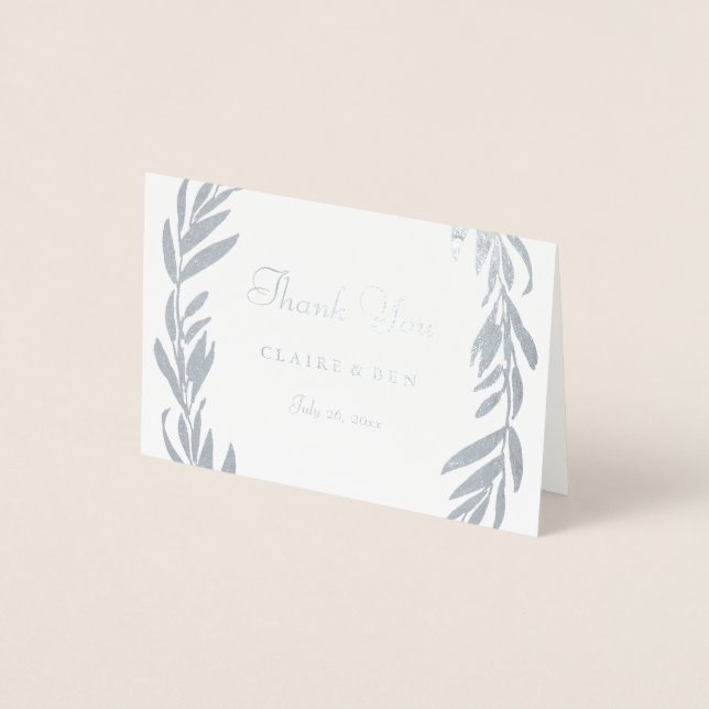 Cartão Metalizado Cinza Silver Foil Leaf Wreath Casamento Obrigado (Frente)