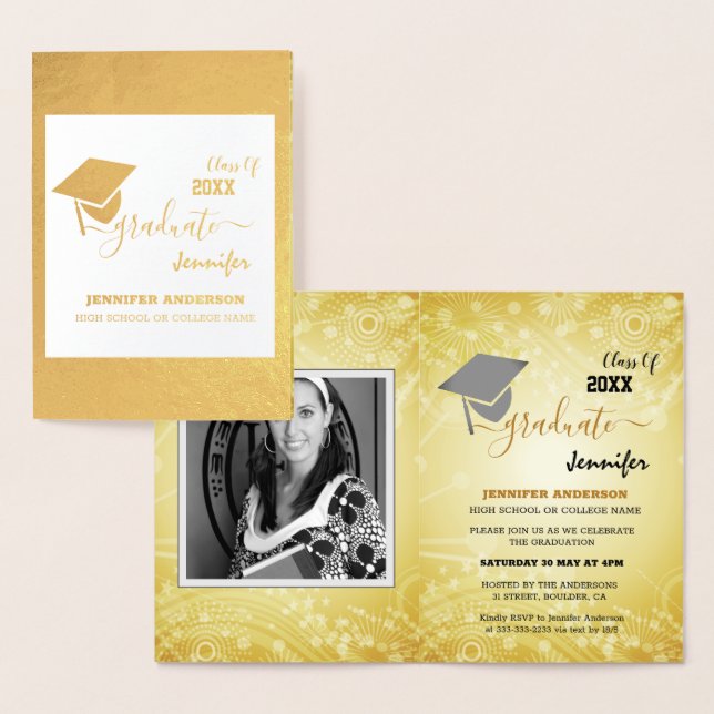 Cartão Metalizado Classe Elegante de 20XX, Foto, Graduação Topper (Exibição)