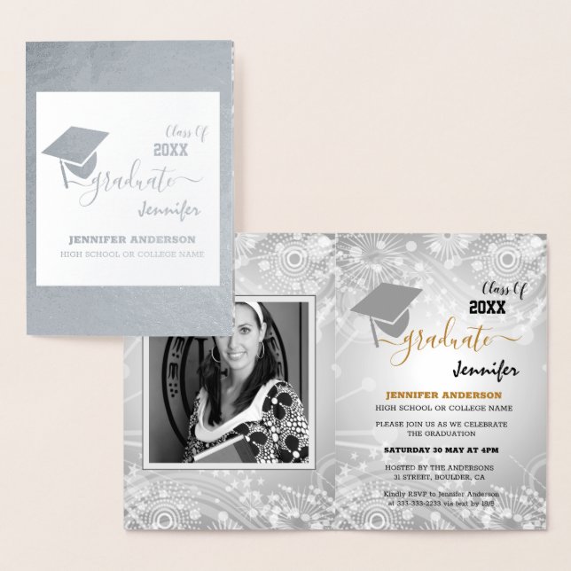 Cartão Metalizado Classe Elegante de 20XX, Foto, Graduação Topper (Exibição)