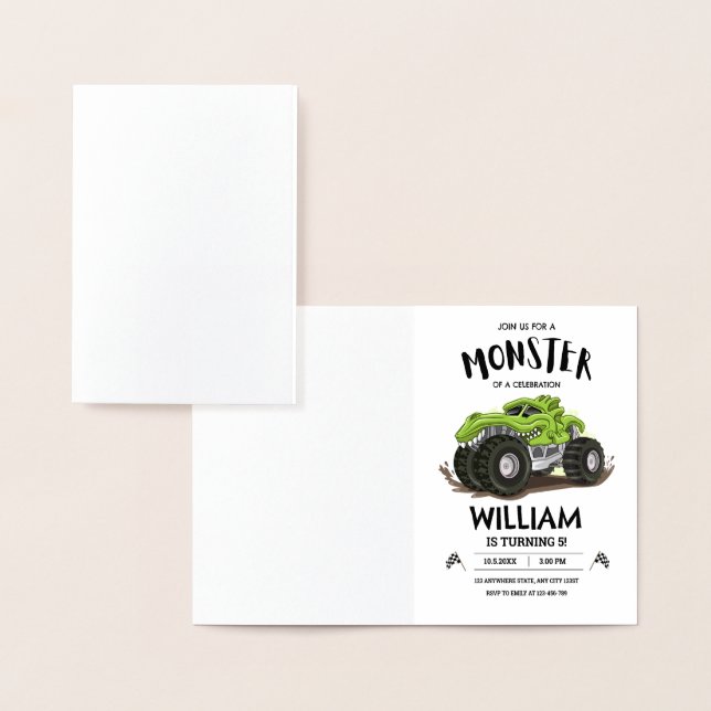 Cartão Metalizado Convocação de Aniversário do Monster Truck, Boys A (Exibição)