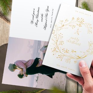 Cartão Metalizado Coroa de Natal Foto Feliz Natal Ano Novo Ouro RE
