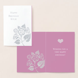 Cartão Metalizado Diamantes Rosa Glam Rosa Floral Aniversário