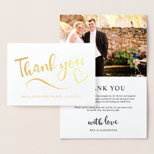 Cartão Metalizado Dourada Foto de Casamento Cardíaco Obrigado