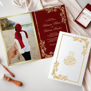 Cartão Metalizado Dourado Floral Marrom Foto Casamento Muçulmano