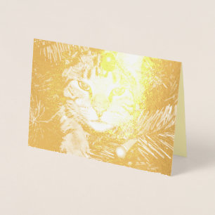 Cartão Metalizado Dourado Gato em Tree Divertido Purr Perfeito Natal