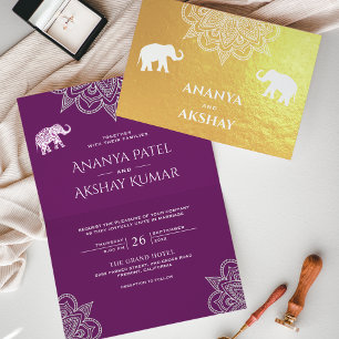 Cartão Metalizado Elefante Henna Roxo Casamento Indiano Dourado