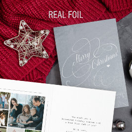 Cartão Metalizado Elegante 6 fotos da família Merry Christmas script