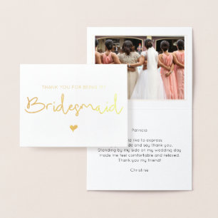 Cartão Metalizado Elegante Bridesmaid Obrigado Foto Dourada