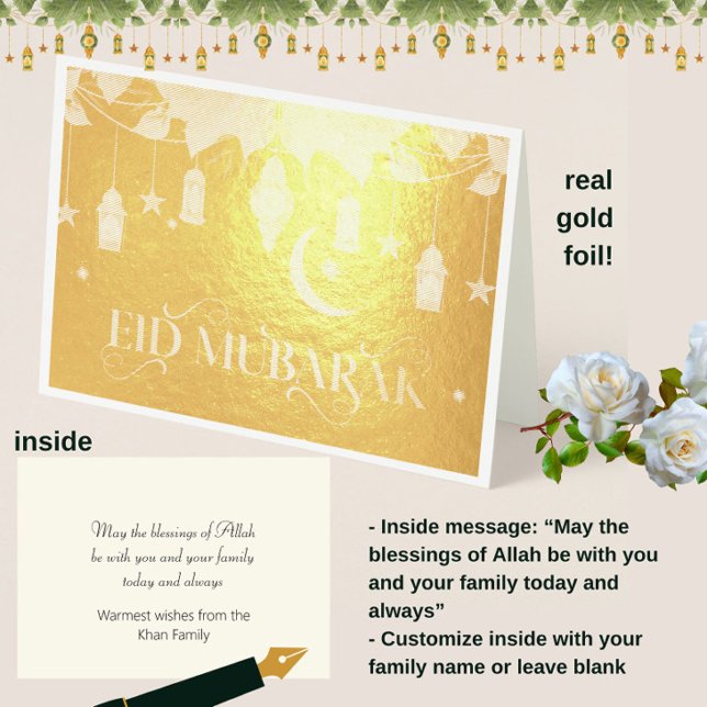Cartão Metalizado Elegante Dourado Eid Mubarak Lanternas + Lua (Spread the joy of Eid with these real gold foil elegant "Eid Mubarak" customizable cards!)