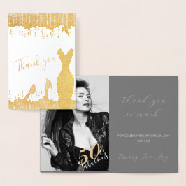 Cartão Metalizado Elegante Glam Dourado Foto De Aniversário De 50 Fa