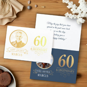 Cartão Metalizado Elegante Marinho e Dourado 60º e Aniversário Lendá