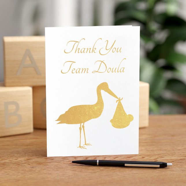 Cartão Metalizado Equipe de Enfermeira de Entrega de Storey Doula Ob (Thank your birthing team with this real foil stork thank you card. Just add your message)