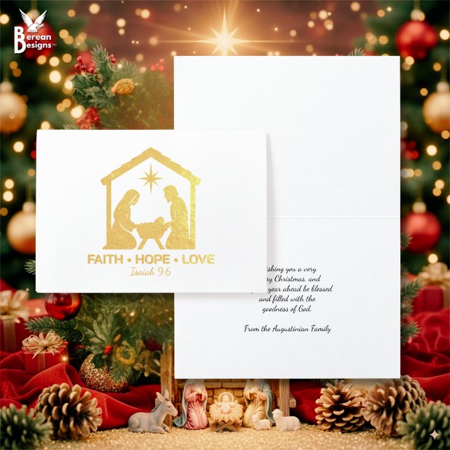 Cartão Metalizado FAIE ESPERA AMOR Natal Cristão Natividade Dourada (Stylish gold foil Christian Christmas Nativity card based on FAITH HOPE LOVE. Customizable text.)