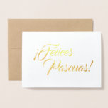 Cartão Metalizado Felices Pascuas Felz pascoa Vazio espanhol<br><div class="desc">Esta bela carta é perfeita para auto-falantes espanhóis. A frase " Felices Pascuas!" ("Felz pascoa!") está em letras elegantes,  em folha de ouro real. Se desejar,  substitua a mensagem por "Feliz Pascua" ou outra formulação. A dentro da placa é vazio para sua nota pessoal.</div>