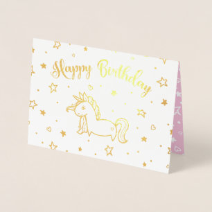 Cartão Metalizado Feliz Aniversário bonito do Unicórnio, Dourado e R