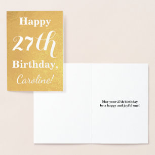 Cartão Metalizado "FELIZ ANIVERSÁRIO DE 27 ANOS" em Folha de Ouro Bá