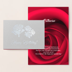 Cartão Metalizado Feliz aniversário. Luxo de Rosa vermelha elegante