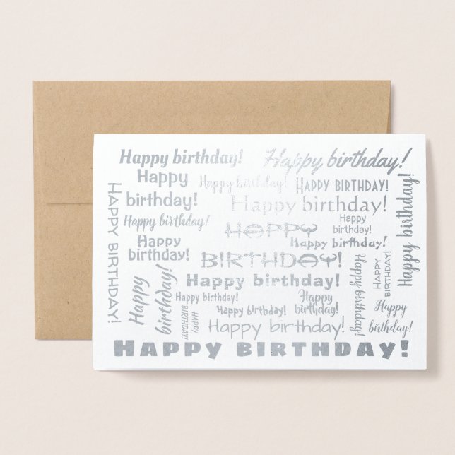 Cartão Metalizado Feliz Aniversário, Palavra Cloud Typografia Silver (Frente com envelope)