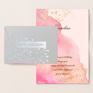 Cartão Metalizado Feliz aniversário. Rosa Botânica Peach Watercolo