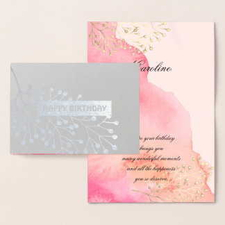Cartão Metalizado Feliz aniversário. Rosa Botânica | Peach Watercolo