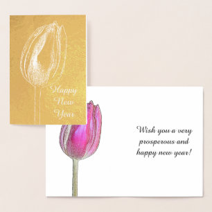 Cartão Metalizado Feliz ano novo Tulip Floral Cor-de-rosa Flor Fotog