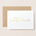 Cartão Metalizado Feliz Cumpleaños Elegant Spanish Happy Birthday<br><div class="desc">This elegant happy birthday card is perfect for Spanish speakers, students, and teachers! The phrase "feliz cumpleaños" is in real gold foil, in a combination of block and script brush handwritten-style lettering. The inside of the card is blank for your personal message.</div>
