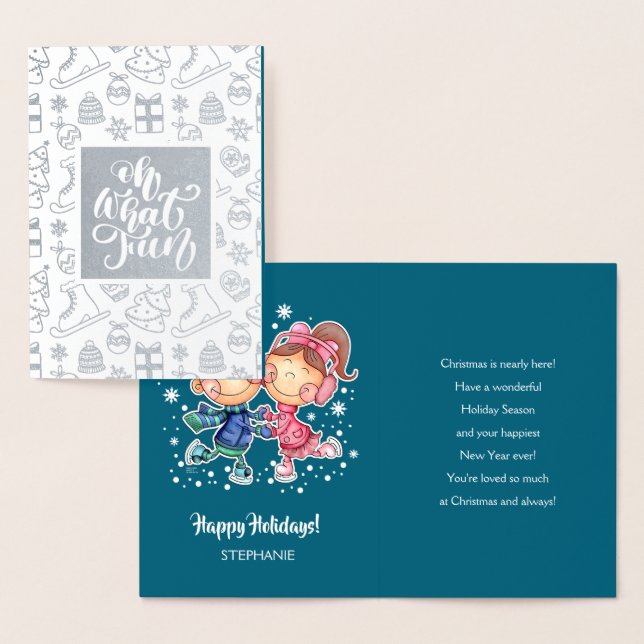 Cartão Metalizado Feliz Férias. Crianças de patinação | Nome persona (Exibição)