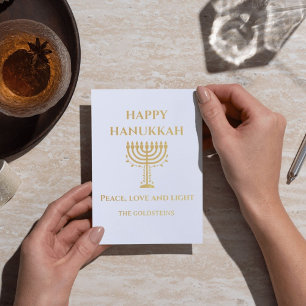 Cartão Metalizado Feliz Hanukkah Menorá Azul e Branco