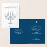 Cartão Metalizado Feliz Hanukkah Menorah Holiday Silver<br><div class="desc">O texto deste cartão é totalmente personalizável. A design apresenta a menorah de 9 galhos de Hanukkah em uma cor damasco. Envie os melhores votos para Chanucá aos amigos e à família! Feliz Hanukkah!</div>