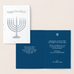 Cartão Metalizado Feliz Hanukkah Menorah Holiday Silver<br><div class="desc">O texto deste cartão é totalmente personalizável. A design apresenta a menorah de 9 galhos de Hanukkah em uma cor damasco. Envie os melhores votos para Chanucá aos amigos e à família! Feliz Hanukkah!</div>