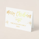 Cartão Metalizado Feliz Natal - Folha de Ouro e Tipografia Branca<br><div class="desc">Feliz Natal com a verdadeira Folha de Ouro no Cartão de Natal Branco. Este cartão usa folha de ouro real e permite personalizar o cartão com o Nome da Família e o Ano.</div>