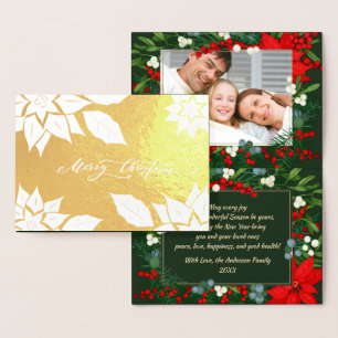 Cartão Metalizado Feliz Natal. Moldura de Poinsettia Luxo
