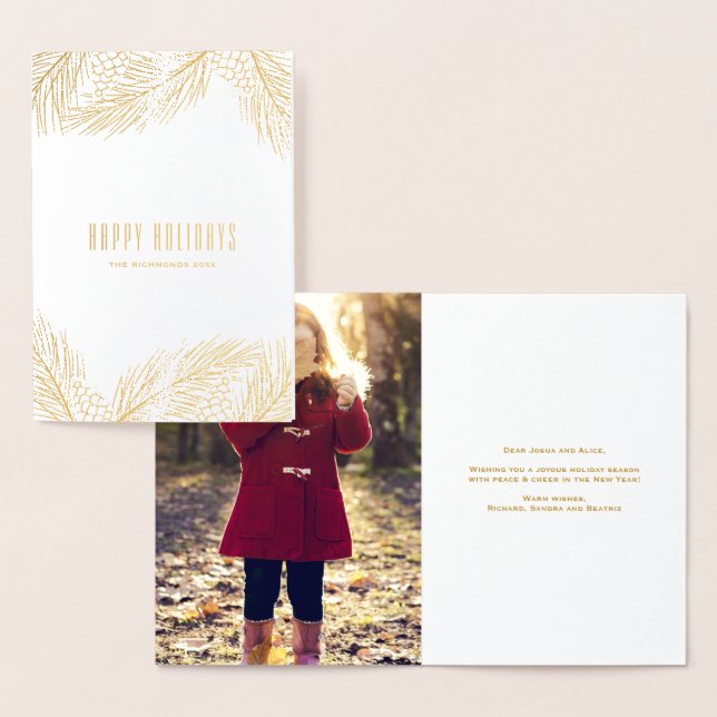 Cartão Metalizado Feriado Dourado do Pinecones e do Pine Agulha (Exibição)