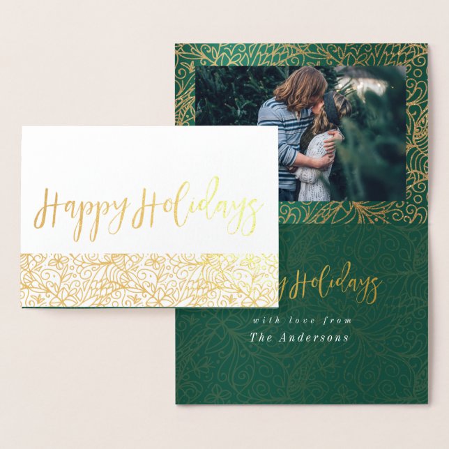 Cartão Metalizado Feriados felizes do Ornamentado Verde e Dourado (Exibição)