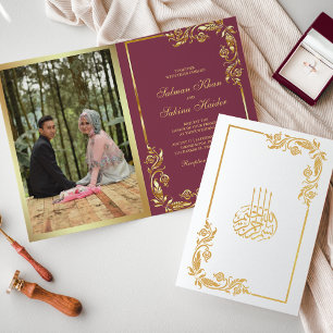 Cartão Metalizado Flair Dourado Rosa Foto Casamento Muçulmano