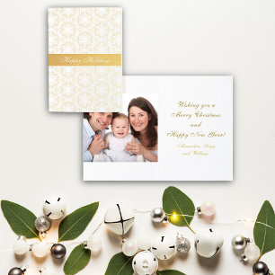 Cartão Metalizado Flocos de neve de Natal Dourado Foto Personalizada
