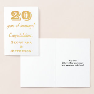 Cartão Metalizado Folha de Ouro Aniversário de 20 Anos de Casamento