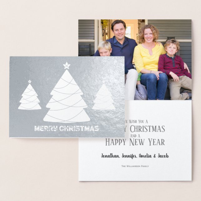 Cartão Metalizado Folha de prata e árvore de Natal branca (Exibição)