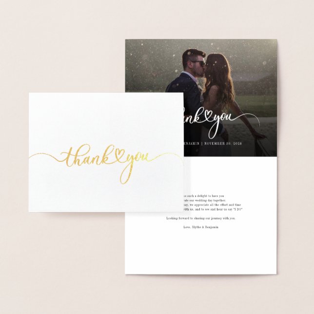 Cartão Metalizado Foto De Casamento Com Letra De Mão Obrigado Dourad (Display)