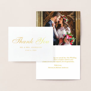 Cartão Metalizado Foto De Casamento De Script Elegante Obrigado Nota