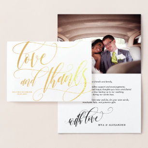 Cartão Metalizado Foto de casamento Swirly Love & Thanks
