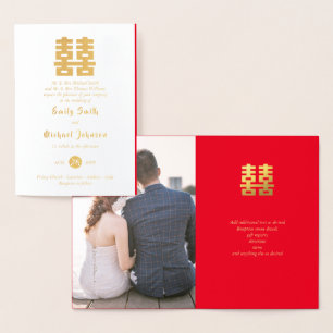 Cartão Metalizado FOTO DE FUL Ouro Felicidade Chinesa Casamento Verm