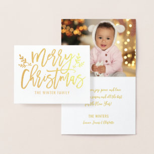 Cartão Metalizado Foto de Natal com Letra à Mão em Dourado