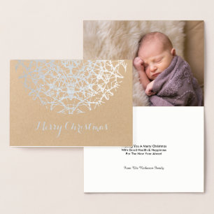 Cartão Metalizado Foto de Natal Feliz, Floco de Neve de Prata bonito