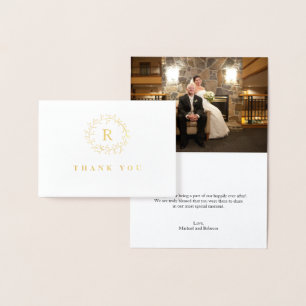 Cartão Metalizado Galho da folha Dourado & obrigado do casamento da