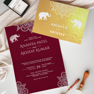 Cartão Metalizado Galinha Henna Elefante Casamento Indiano Dourado