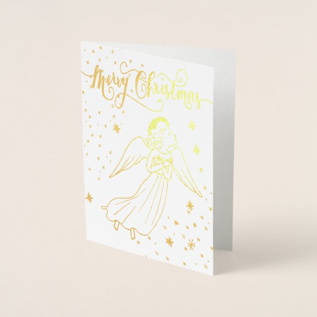 Cartão Metalizado gold foil angel Merry Christmas card (Frente)