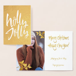 Cartão Metalizado Gold Foil Holly Jolly Natal Sua Dentro FOTO