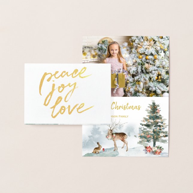 Cartão Metalizado Gold Foil Peace Joy Love Woodland Foto de Natal (Exibição)
