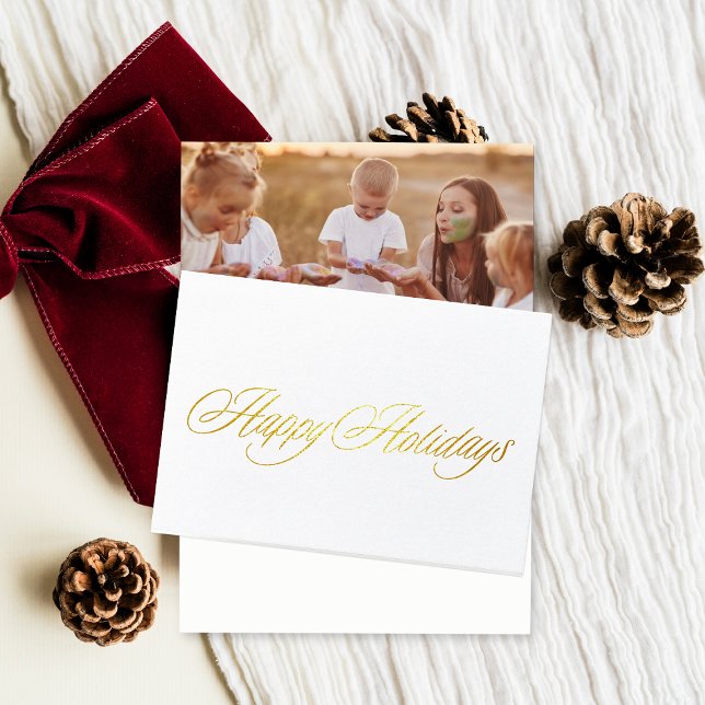 Cartão Metalizado Gold Happy Holidays Christmas photo folded (Criador carregado)
